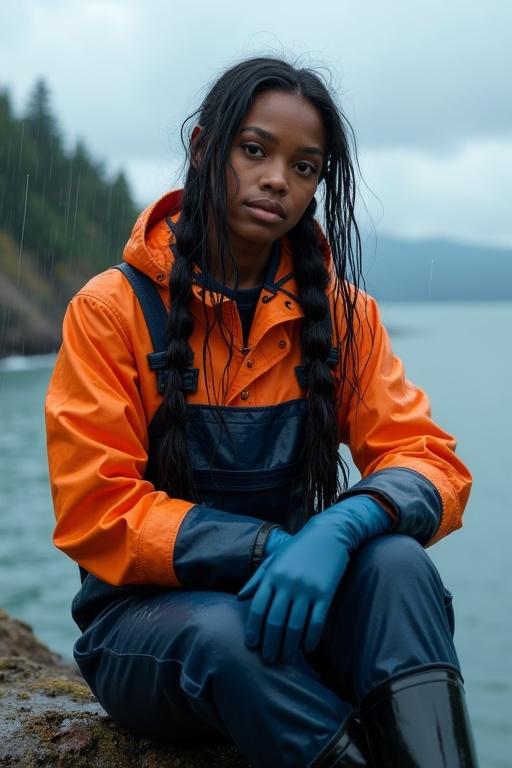 Young woman with long hair in two pigtails. Wearing orange mackintosh and navy dungarees. Sitting on a cliff by the sea. Rainy weather with storm clouds. Hair and clothes are soaked.