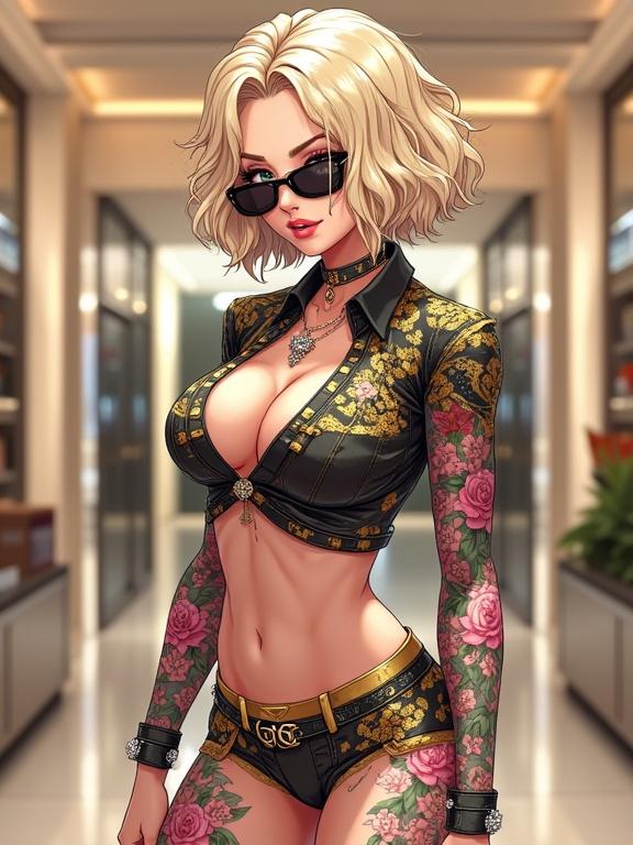Elegant woman modeled in futuristic fashion. Features emerald green eyes. Accents of light pink diamond jewelry. Displays a mix of cultural elements with traditional tattoos. Portrayed inside a luxurious Gucci store, representing modern style and glamor. Varied colors dominate the visual. Tattoo patterns are intricate, emphasizing the character's unique identity. A hint of sci-fi influences incorporated into her design. Captured in a way that suggests confidence and allure.
