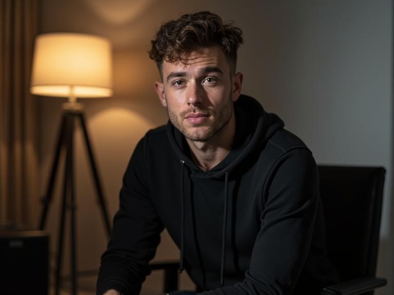 Professional YouTuber sitting in his setup room. Soft lights in background. Looking straight at camera. Wearing a black hoodie.