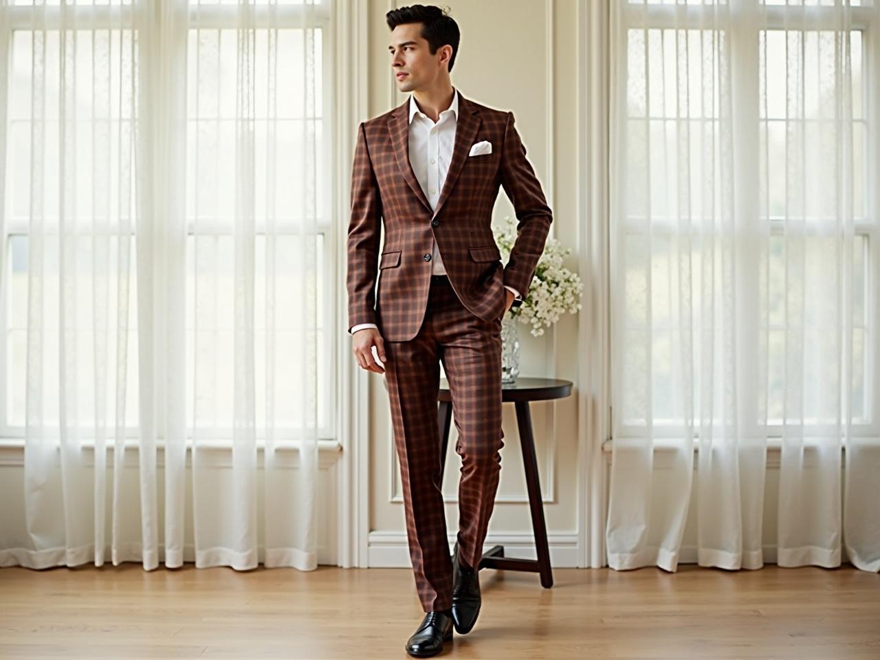 A man is standing in a well-lit room wearing a stylish suit. The suit has a unique pattern with alternating colors of brown and deep red in a checkered style. His white shirt is visible underneath the fitted suit jacket, which is tailored to fit closely. The man is wearing black dress shoes that complement his formal attire. The background features large windows with flowing white curtains, adding a bright, airy feel to the setting. There is also a decorative piece in the room that adds elegance to the atmosphere.