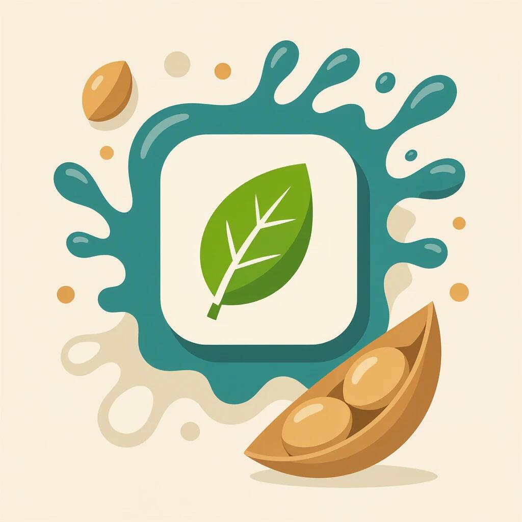 Create a minimal app icon using a leaf, milk splash, and soy bean elements. Focal leaf icon set against a splash background with soy beans positioned around.