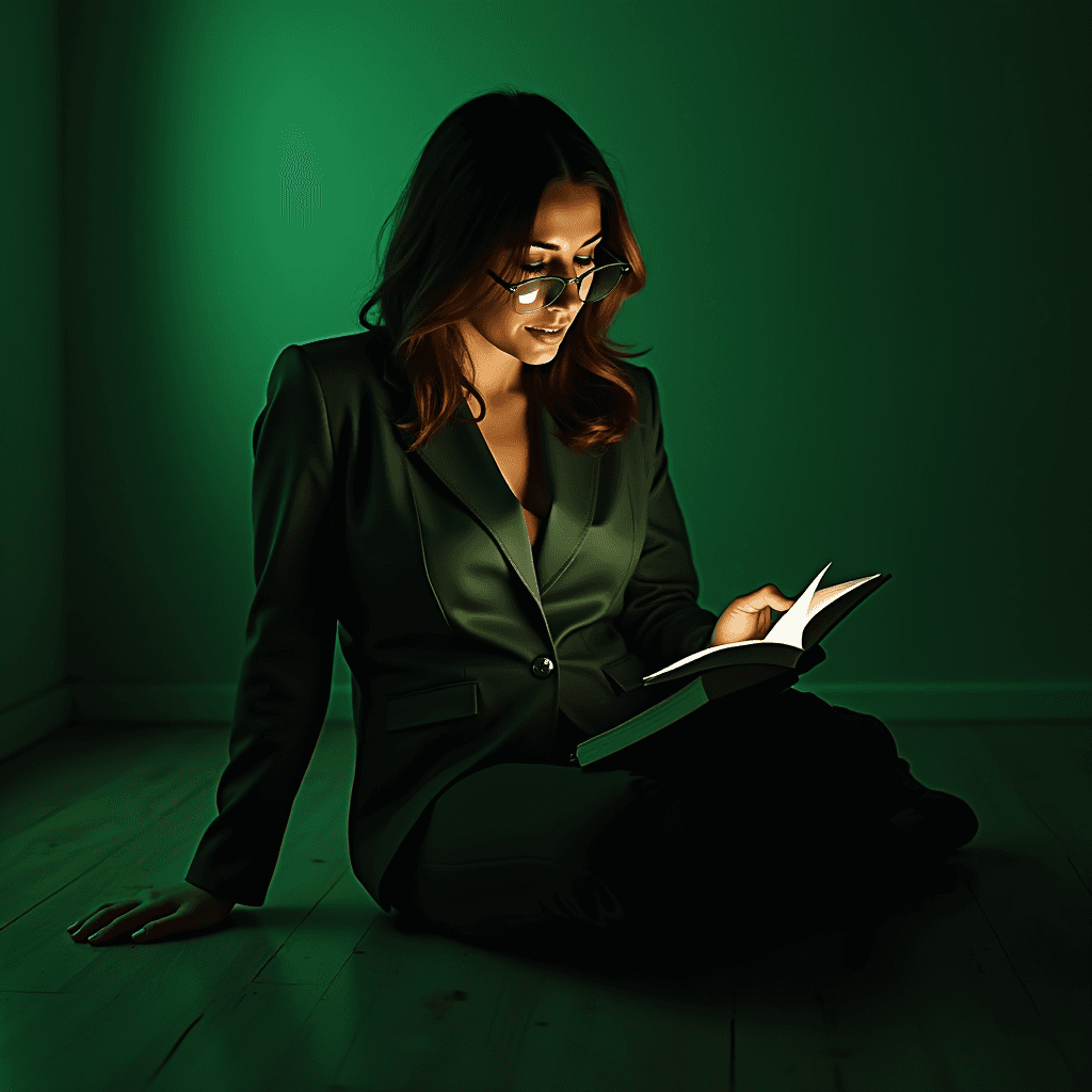 A woman in glasses reads under a green light, creating a mysterious atmosphere.