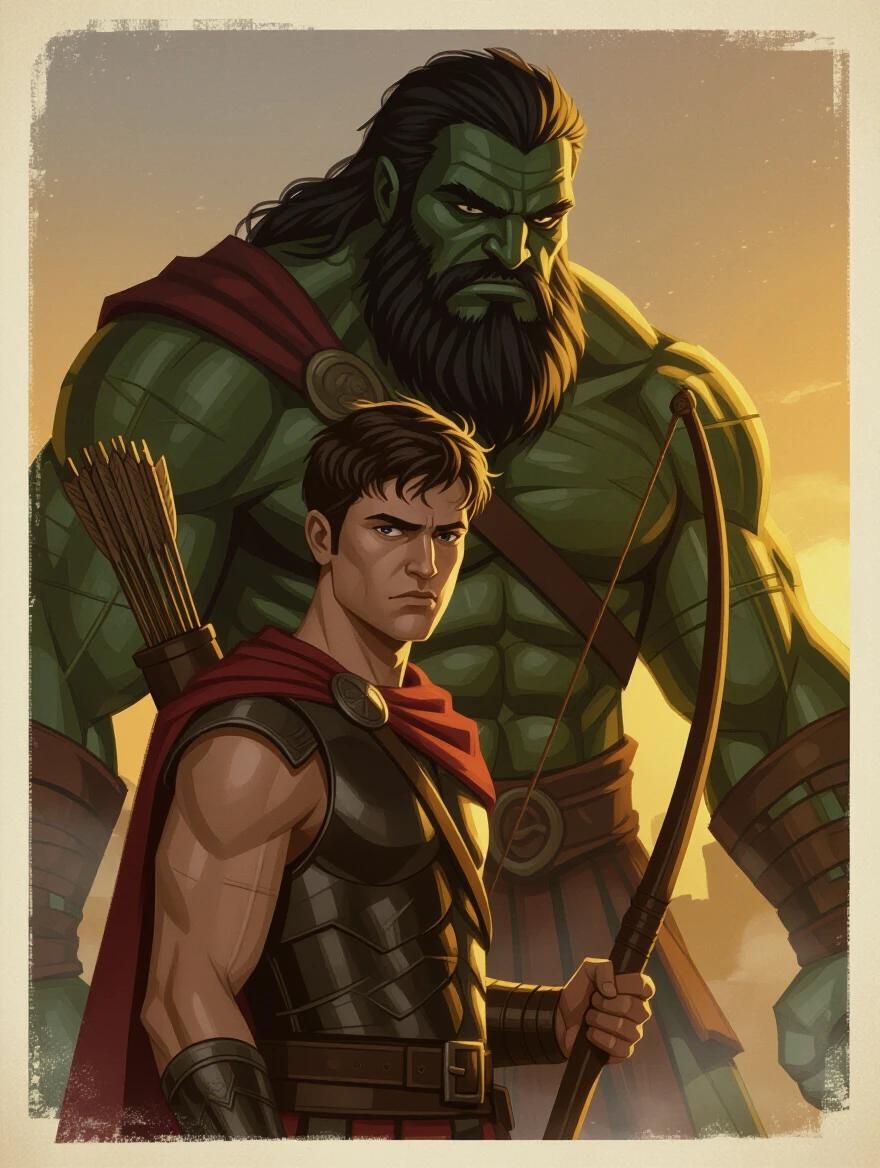 David stands tall with a sling in his right hand. Warm golden light highlights his courageous expression. Goliath looms in the background with a scornful smirk. Dramatic contrast in size amplifies tension. A misty haze enhances the epic nature of their confrontation.