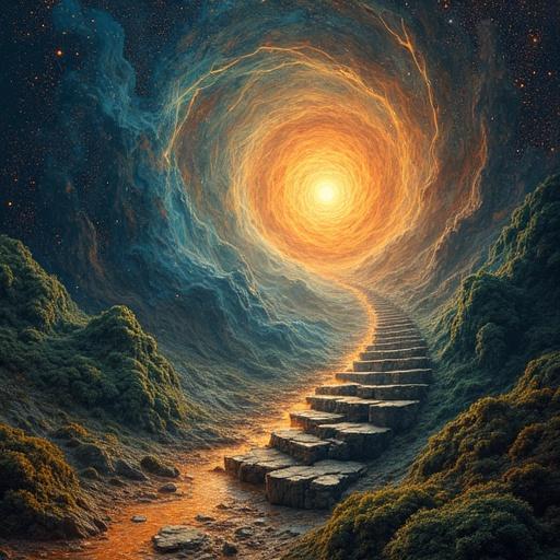 An abstract scene featuring floating geometric shapes amid chaotic organic swirls. Organized in an ascending golden spiral. Hidden patterns of symmetry emerge from the chaos. Binary codes, alchemical symbols, and neural structures float among layers of interconnected reality.