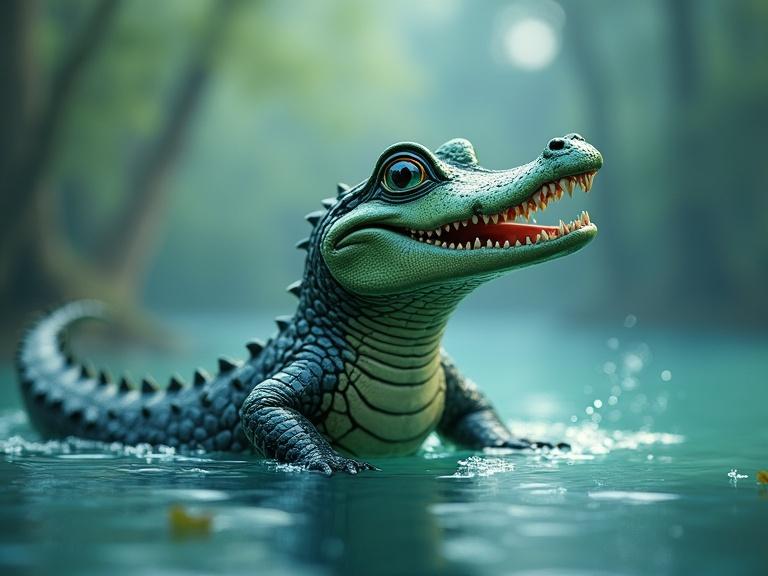 Cute crocodile emerging from water in a fantasy setting. Blues and greens dominate the scene. Hyper-detailed illustration with an ethereal quality. Volumetric lighting enhances the atmosphere.