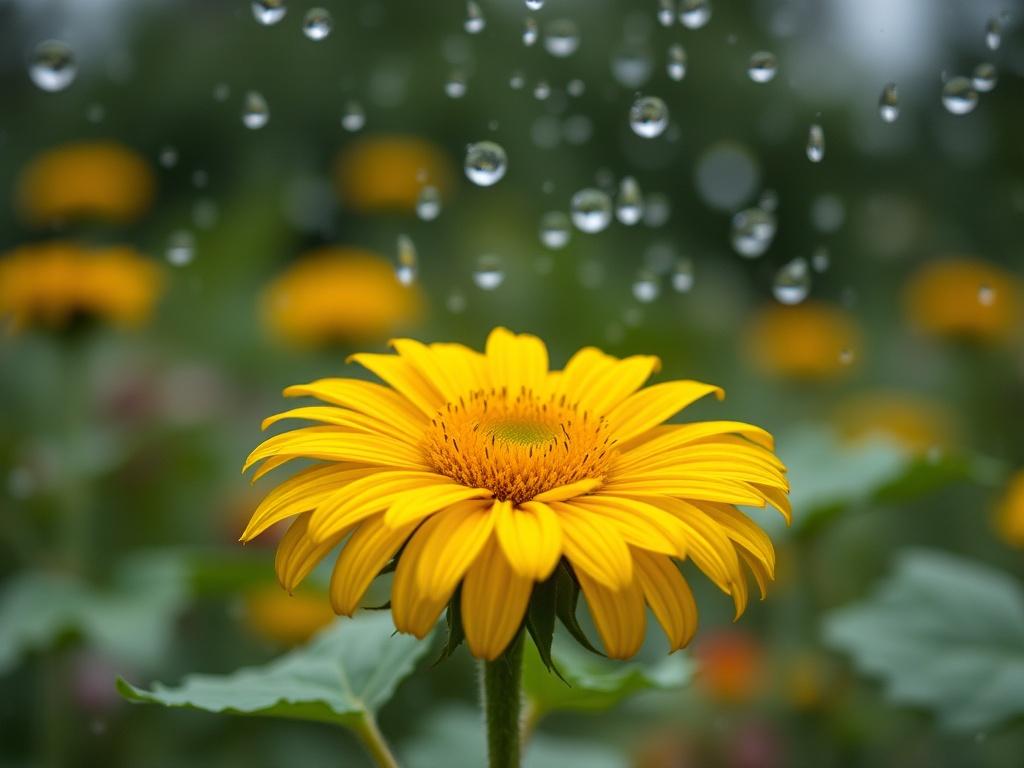 A vibrant yellow sunflower stands out against a blurred background of greenery, capturing the gentle fall of raindrops. The close-up perspective enhances the flower's detailed textures while the soft lighting creates a tranquil, refreshing ambiance.