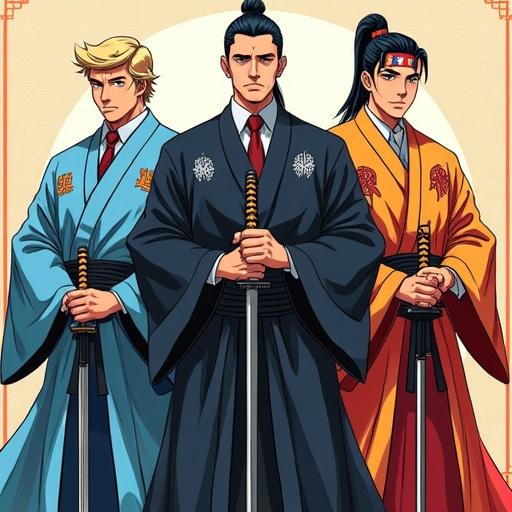 Anime-style full-body illustration featuring three characters. Character on the left wearing blue and black robes with a red tie. Character in the middle in flashy sound-themed robes with a headband. Character on the right adorned in fiery red and yellow robes. All standing side-by-side with swords drawn. Background shows minimalist patterns for water and sound.