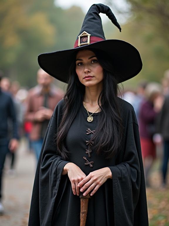 Witch cosplay at a convention. The witch wears a long black robe with a hooded hat. She holds a wooden stick. The background is blurred with people at a costume event. Natural outdoor lighting. Pixelated low-resolution image with bright colors.
