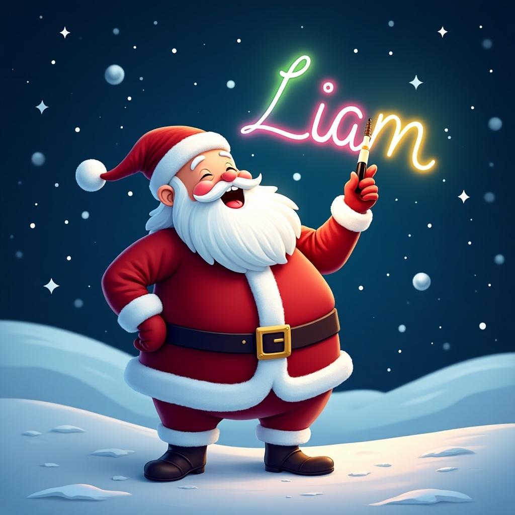 Cheerful Santa Claus in snowy landscape. Classic red and white outfit. Santa writes name Liam in night sky with colorful pen. Background has twinkling stars and soft falling snow. Santa's happy expression adds warmth. Scene perfect for holiday celebrations.