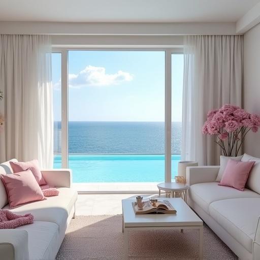 A stylish living room with white furnishings. Pink decorative elements are present. The room offers a panoramic view of a blue aqua pool through large windows.
