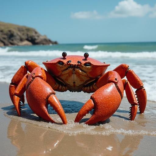 Close-up of a vibrant red crab standing on the beach with ocean waves in the background under a clear blue sky