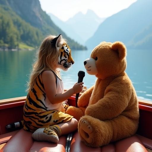 A girl with a tiger pattern singing into a microphone. Teddy bear seated next to her. Scene set on a big boat at a mountain lake in the Swiss Alps. Bright and playful atmosphere.