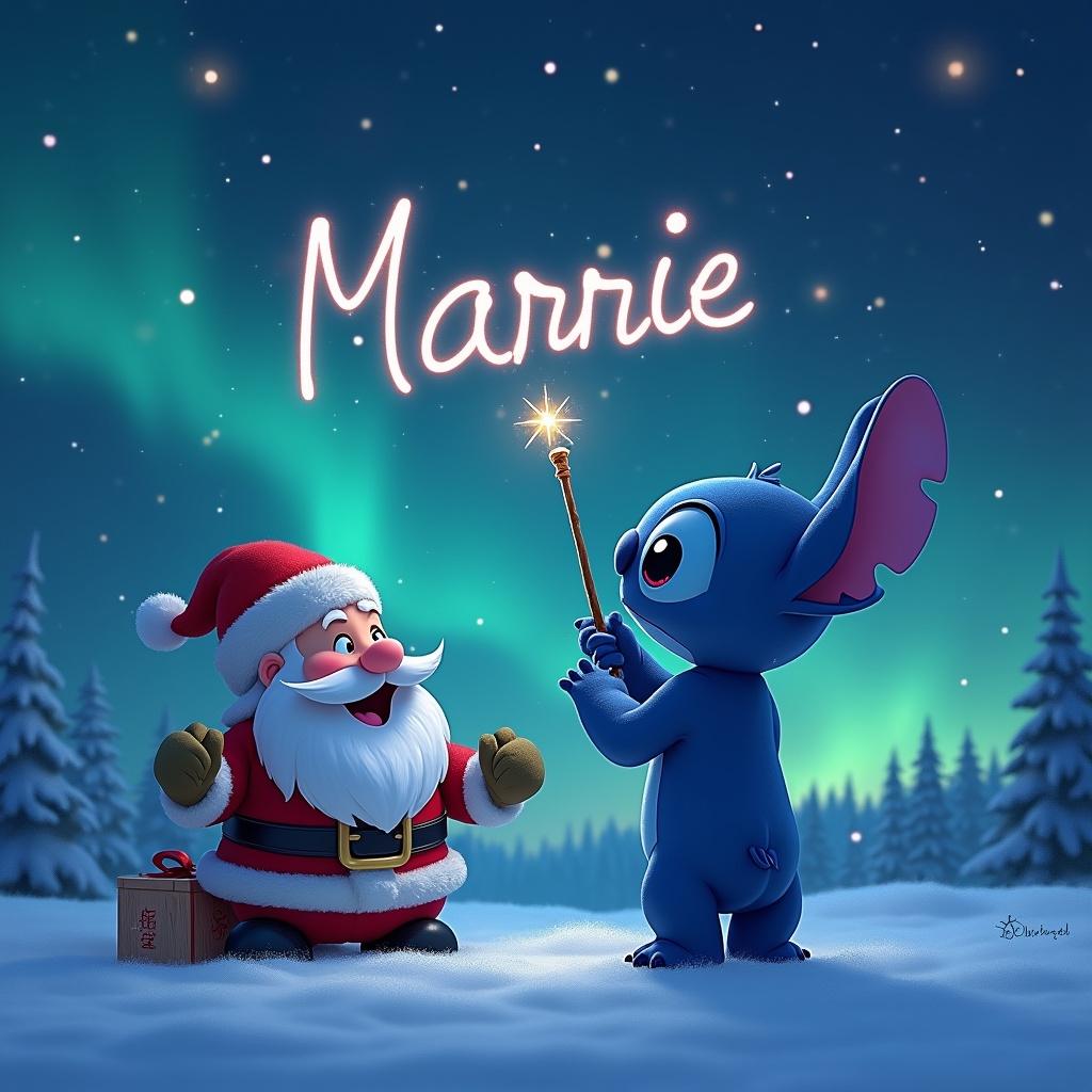 Stitch faces the sky while using a wand to write Marnie. A magical Christmas background features northern lights. Santa, with a wand, writes the name Tommy elegantly in the air.