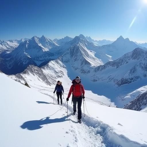 Trekking on Mendelhaff Glacier using crampons and poles in a snowy mountain landscape with hikers.