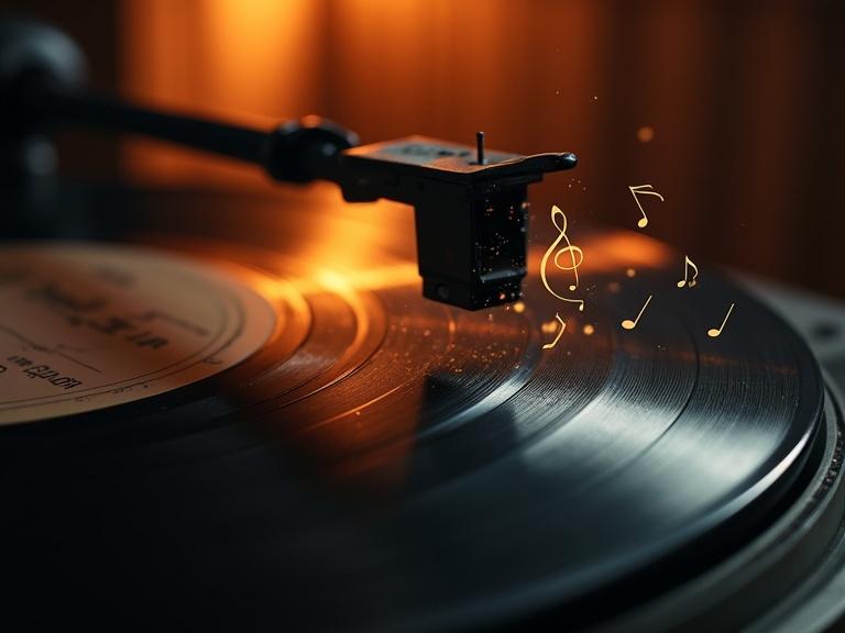 Macro photograph of a vintage vinyl record. Turntable needle highlights grooves. Soft warm light creates shadows. Ethereal musical notes float in the air. Dust motes glow softly. Sharp focus contrasts with shallow depth of field.