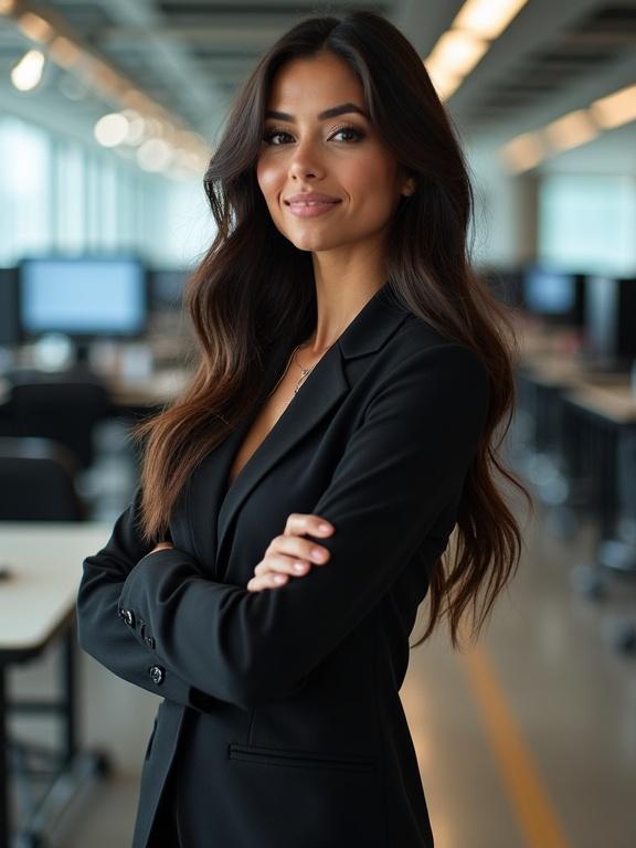 A young confident brunette computer science teacher poses in an editorial magazine photo shoot. She has long stylish hair sleek makeup and sophisticated look. Outfit is modern and form-fitting suggesting professionalism with glamour. Pose is poised and charismatic emphasizing presence. Setting is a tech-inspired classroom with soft lighting and high-end photography style.