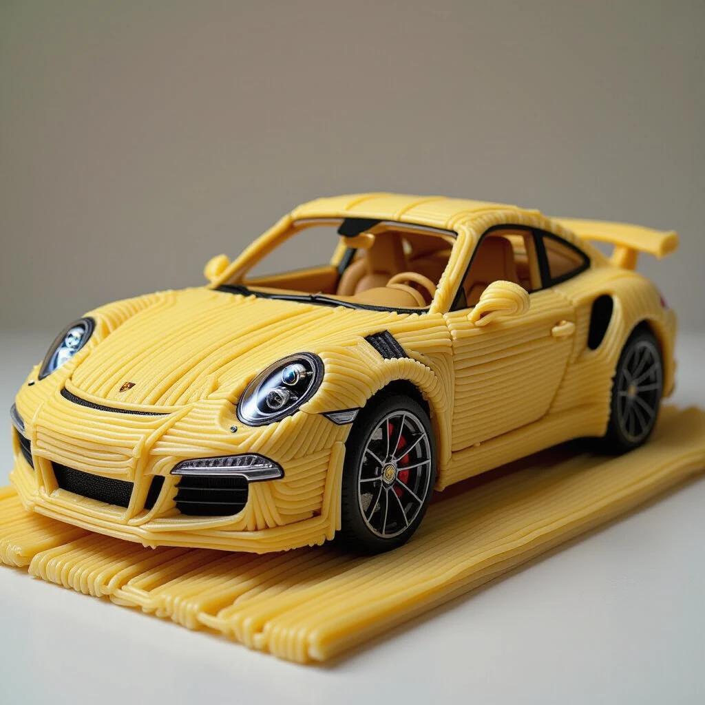 Porsche car constructed entirely with noodles. Car's body in vibrant yellow. Detailed interior with brown accents. Noodles mimic car features. Displayed on a flat noodle base.