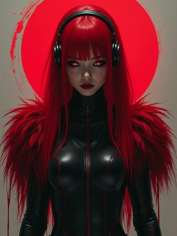 Full body character with red hair and headphones. White eyes with scar tattoos. Red fur on shoulders. Black fitting suit with stripes. Psychedelic background with red swirl. Cinematic angle with dynamic warrior pose. High detail UHD style with intricate features.