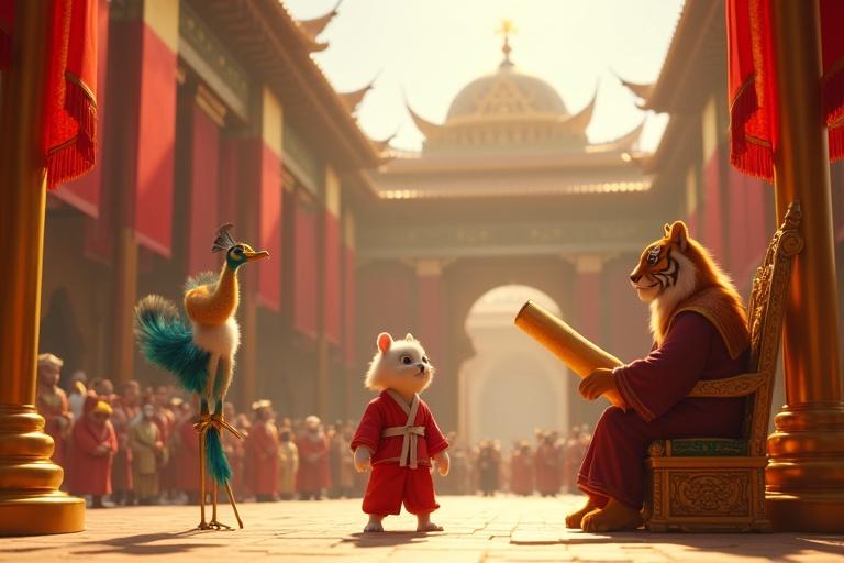 Majestic animated scene in a grand palace courtyard. Towering golden pillars and fluttering red silk banners surround the area. A vibrant peacock herald stands on a balcony while unfurling a golden scroll. Kittuu with white fur is in a light red karate gi. A regal tiger watches from a golden throne. The courtyard gleams in golden sunlight with vibrant colors.