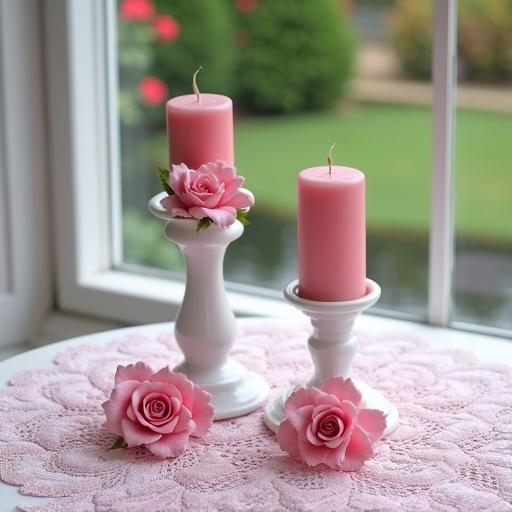 White ceramic candle holders with pink ceramic roses on them. Pink candles inside them are placed on a pink lace tablecloth. This is on a white table by a window showing a rose garden and pond view.