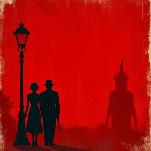 Red textured background with torn paper effect. Silhouettes of a man and woman in 1920s attire. A shadowy figure watches from behind a streetlamp. A faint gun silhouette is present in the corner.