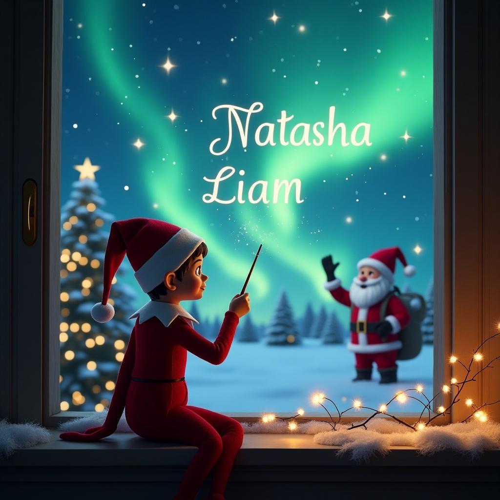 An adorable scene captures an Elf on the Shelf with his back to the viewer. He is facing a breathtaking nighttime sky illuminated by the northern lights. The elf, dressed in traditional holiday attire, is using a magic wand to elegantly write the names 'Natasha' and 'Liam' in the air. In the background, Santa Claus joyfully waves, creating a sense of wonder and joy. The scene is completed with decorative Christmas elements like a beautifully lit tree and twinkling fairy lights, evoking a festive spirit.