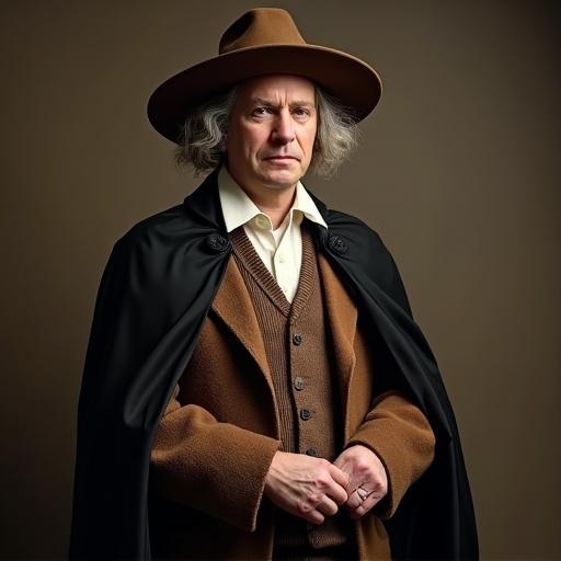 Leonardo Da Vinci as a Hogwarts professor. Character wears a long white shirt and brown vest. A round brown hat and black cape complete the look. The Hogwarts logo is present. Image captures full body in a long shot.