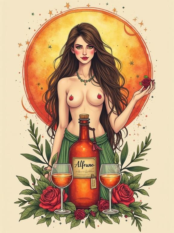 Illustration of a topless goddess offering a toast. Long cascading hair and nature-inspired jewelry. Presenting a bottle of herbal liqueur named 'ALFRUNO'. Flanked by cocktail glasses filled with liqueur. Surrounded by roses and rosemary. Beige background with floral patterns. Phrase 'Genuss aus dem Garten derNatur - wild und besonders' included.