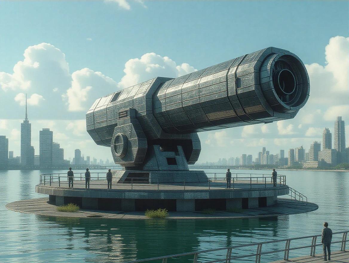 Cinematic scene of a huge mechanical torrent gun sitting on a rotating metal platform on an island by a city across the river. People standing by guard rails. Bright and sunny with clouds in the sky. Realistic details.