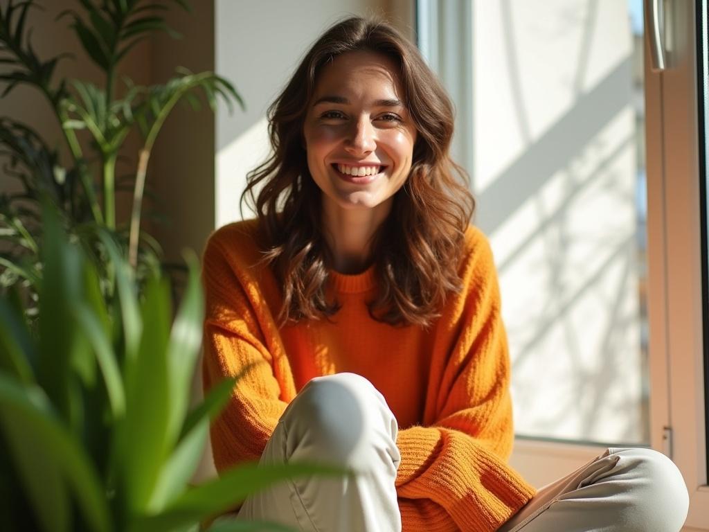 The image features a young woman with wavy brown hair and a bright smile, sitting casually in a sunlit room. She wears a cozy oversized orange sweater paired with light-colored pants. The composition is warm and inviting, with natural light streaming in through a large window, casting soft shadows. Lush green plants are positioned in the foreground, adding a touch of vibrancy to the serene atmosphere.