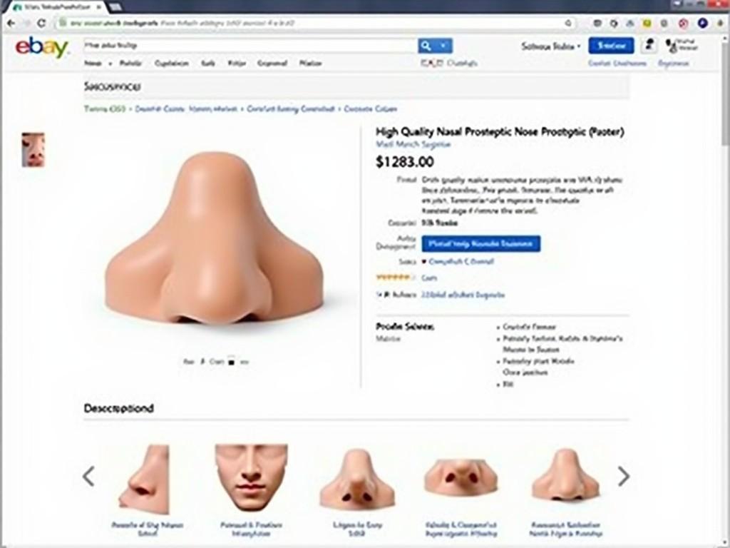 This image shows a high-quality nasal prosthetic displayed on an eBay product page. The prosthetic looks realistic with a natural skin tone. The product is priced at $1,283.00 and is marketed for various applications. It's displayed with detailed views and a clean presentation. The page indicates that it is suitable for medical and theatrical use, making it versatile for different professionals.