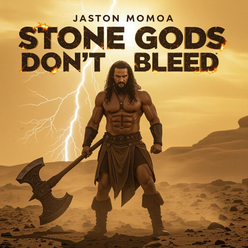 Jason Momoa stands shirtless in a scorched desert. He grips a large obsidian axe. Lightning strikes behind him. Title appears carved in granite texture with burning edges. Scene features dust-choked sunlight and heavy shadows. Captured in an epic scale 8K render.