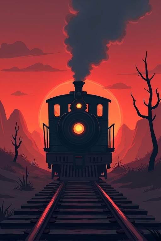 A dramatic scene featuring a steam locomotive on railroad tracks under a fiery sunset. The landscape includes mountains and barren trees. The atmosphere is mysterious and adventurous, fitting for a zombie-themed game.