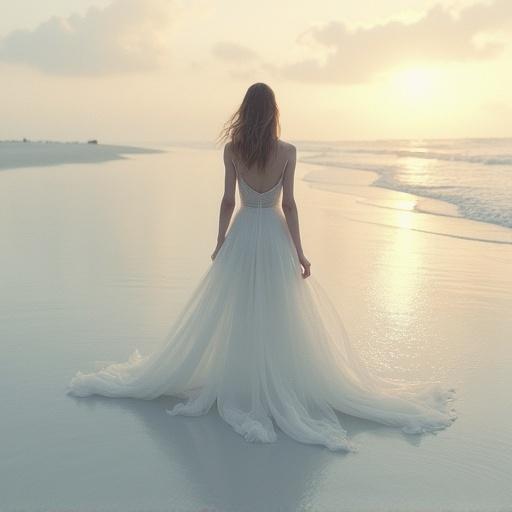 Dreamy beach scene with a woman in a flowing white gown. Minimalist vibe with soft colors. Silhouette against the sunset.