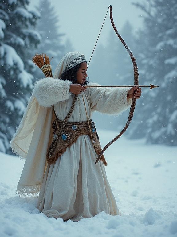 An archer in snow aiming with a bow and arrow. She wears a white dress and has a quiver of arrows. The scene is set in a snow-covered forest.