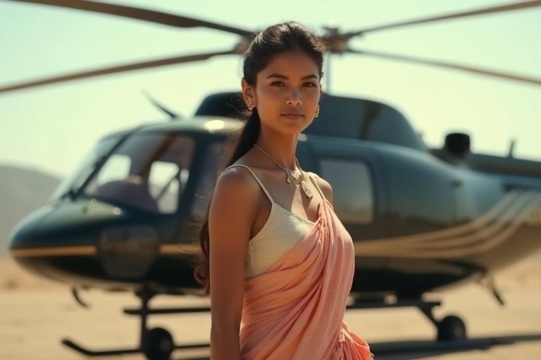 Girl in cotton saree standing in front of a private helicopter. Bright sunny day. Warm color tones. Confident pose.