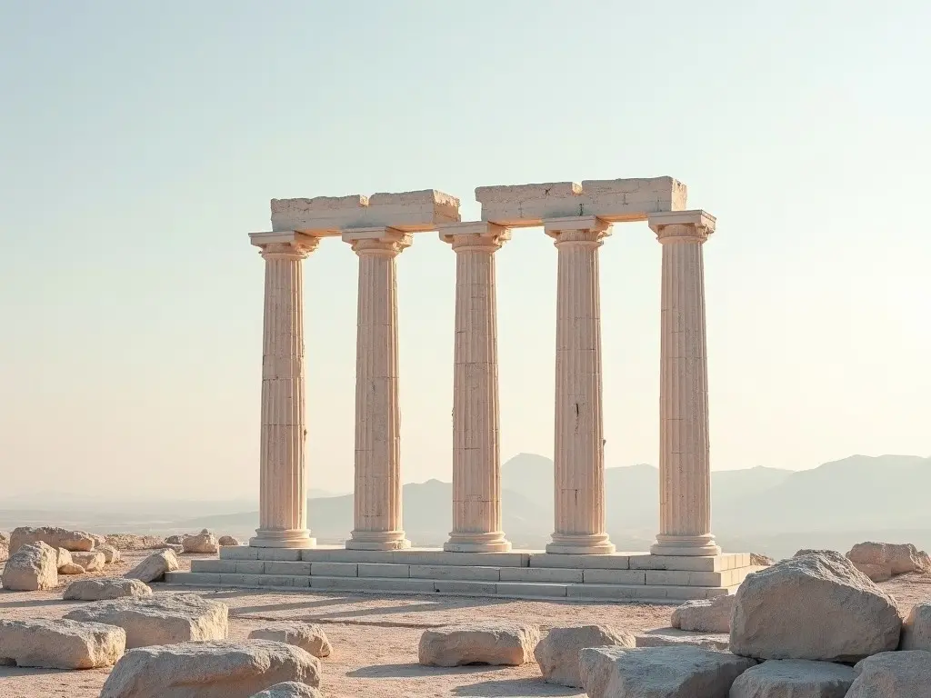 An ancient Greek architecture unfolds in midair. Five classical columns stand tall without a background. They are strategically placed to enhance the sense of culture and heritage. The overall atmosphere is tranquil, inviting viewers to reflect on the beauty of history. The soft light bathes the columns, highlighting their grandeur and historical significance.