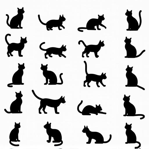 Vector pattern with black cat silhouettes in various poses. Comical and playful designs. Offset grid with a transparent background.