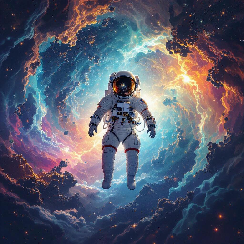 Astronaut floating upside-down through a tunnel of shifting fractals. Vibrant cosmic colors with fluid shapes blending into infinity.
