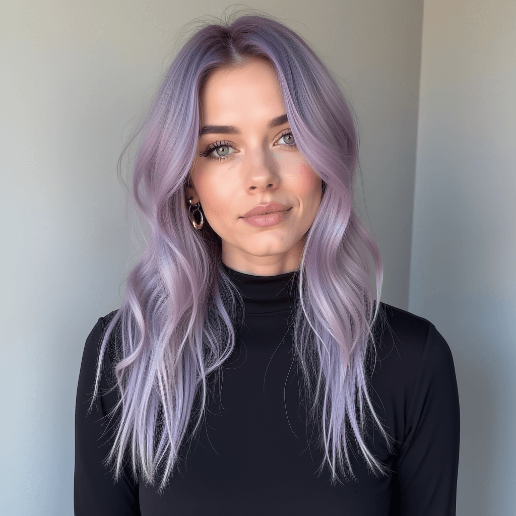 A person with long lilac hair and a black top stands against a plain background.