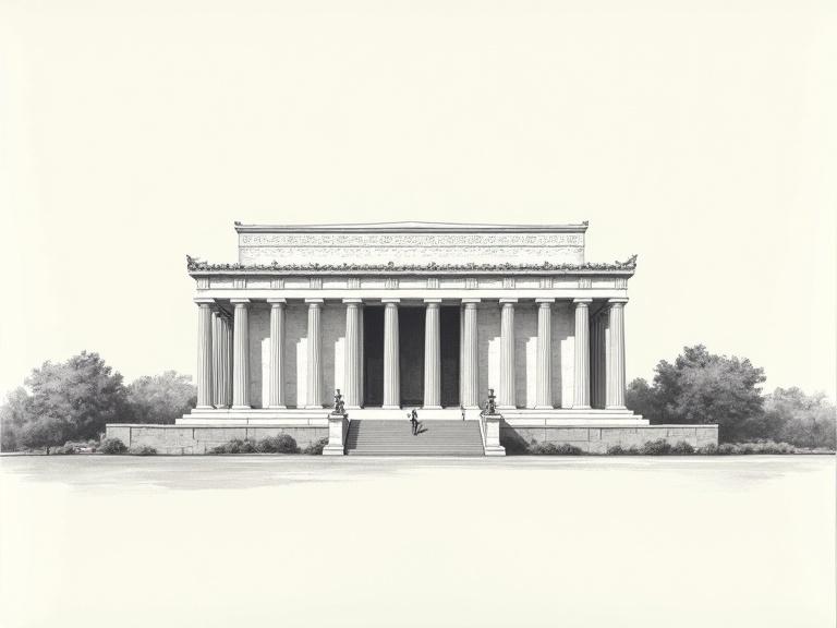 Architectural drawing showcasing the Lincoln Memorial with precise elevation and section views. The drawing emphasizes the structure's neoclassical style and grandeur with detailed lines and shading.