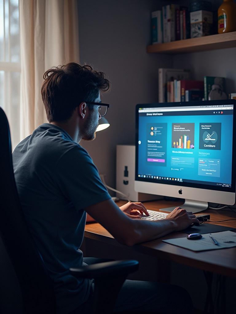 Young man working at desk using a computer with a website open.