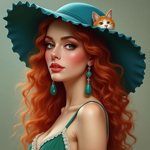 Create a beautiful woman wearing long earrings. She has red, long, curly hair. She is wearing a blue hat with a kitty patch. She wears a low-cut green dress with frills.