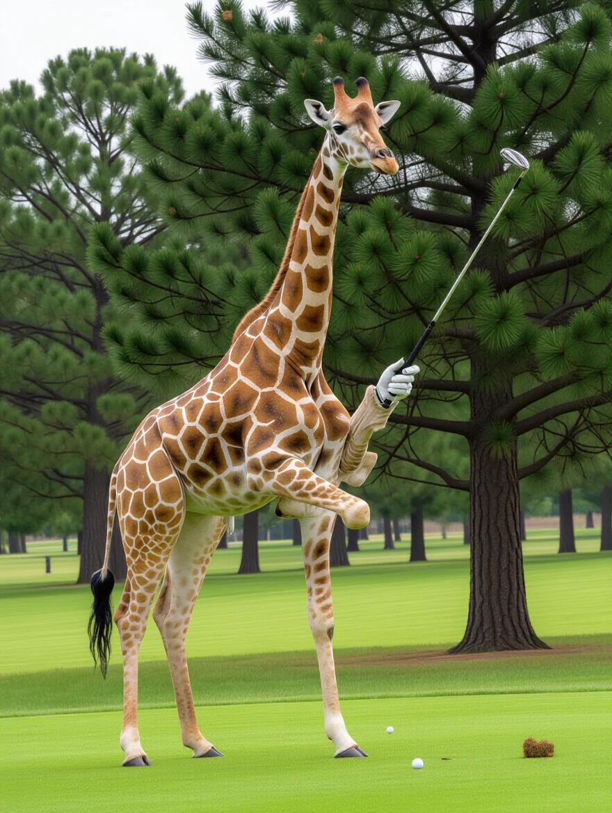 A tall giraffe stands on its hind legs. It holds a golf club with its front legs. The giraffe is about to hit a golf ball. Lush green golf course in the background.