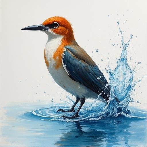 Watercolor oil painting of a bird with rough strokes in concept art style, showcasing vivid colors and water splash details.