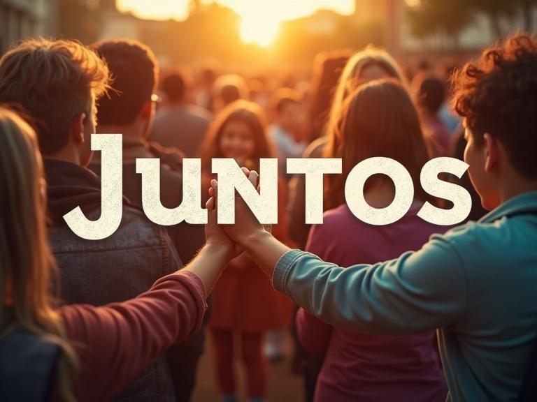 Sermon title slide featuring the word Juntos. Bold sans-serif text centered. Vibrant community scene with diverse individuals. Warm inviting colors. Cinematic lighting highlights the text. Modern church graphic design style.