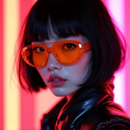 Close-up portrait of a cyberpunk girl with high cheekbones and smooth skin. She wears large orange transparent visor sunglasses and glossy pink lips. The background features neon pink and red panels with cinematic lighting. She has a black shiny padded jacket and a slightly messy black bob haircut. Symmetrical face with a sharp jawline high fashion photography look.