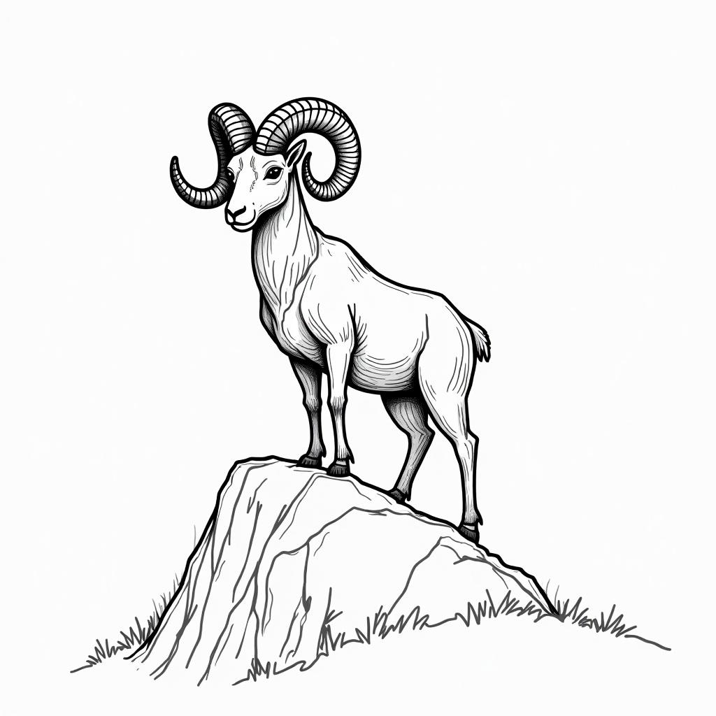 Line art style drawing of a ram standing on a rock. The ram is facing forward. The design has minimal detail.