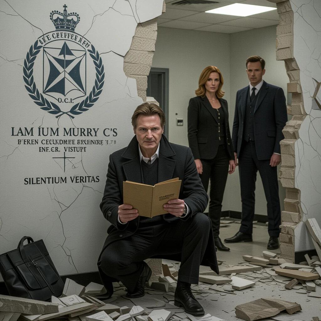 Movie poster for The Forsaken Order featuring a betrayed operative uncovering covert power within an intelligence agency. Liam Neeson crouches near a broken wall with the emblem of O.C.I. and Latin motto. He holds a dossier marked Classified while characters stand alert behind him in a disrepair setting.
