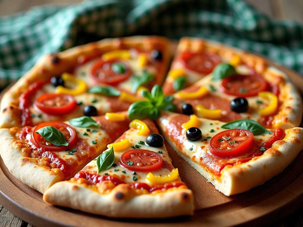 This image shows a freshly baked pizza placed on a wooden pizza board. The crust is golden brown and slightly crispy, displaying toppings that include slices of pepperoni, black olives, and vibrant yellow and red tomatoes. There are also green bell pepper pieces scattered across the pizza, along with chopped fresh herbs like basil which add a splash of green. The cheese is melted and bubbly, slightly pulling away from the slices. In the background, there is a checkered green cloth, creating a warm and inviting atmosphere. The pizza looks delicious and ready to be served.